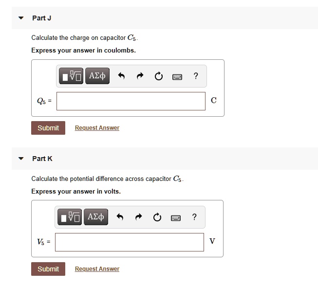 SOLVEDPart J Calculate the charge on capacitor C5 Express your answer