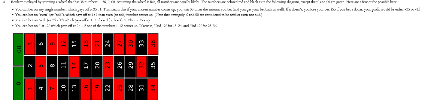 find ex if a person bets 50 cents on red and 50 cents on odd also find the varx find ex if a person bets 50 cents on red and 50 cents on black also find the varx find ex if a person bets 50 cents on 2