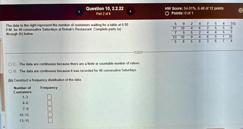 Question 10, 2.2.22
Part 2 of 8
The data to the right represent the number of customers waiting for a table at 6:00
P.M. for 40 consecutive Saturdays at Bobak's Restaurant. Complete parts (a)
through (h) below.
C. The data are continuous because there are a finite or countable number of values.
D. The data are continuous because it was recorded for 40 consecutive Saturdays.
(b) Construct a frequency distribution of the data.
Number of
Customers
Frequency
1-3
4-6
7-9
10-12
13-15
HW Score: 54.01%, 6.48 of 12 points
Points: 0 of 1
5 9 2 4 7 5 4 3
11 10 4 6 2 5 5 8
7 9 5 2 4 4 5 7
13 10 9 4 6 5 7 10
5 8 5 8 3 6 7 4