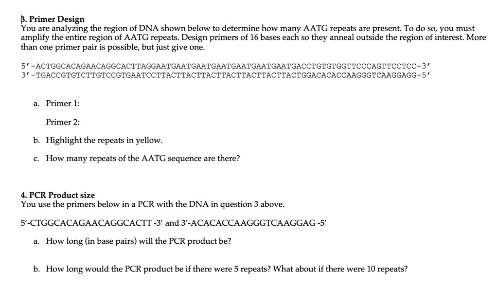 3. Primer Design
You are analyzing the region of DNA shown below to determine how many AATG repeats are present. To do so, you must amplify the entire region of AATG repeats. Design primers of 16 bases each so they anneal outside the region of interest. More than one primer pair is possible, but just give one.

5?-ACTGGCACAGAACAGGCACTTAGGAATGAATGAATGAATGAATGAATGAATGACCTGTGTGGTTCCCAGTTCCTCC-3?
3?-TGACCGTGTCTTGTCCGTGAATCCTTACTTACTTACTTACTTACTTACTTACTGGACACACCAAGGGTCAAGGAGG-5?

a. Primer 1:
Primer 2:

b. Highlight the repeats in yellow.

c. How many repeats of the AATG sequence are there?

4. PCR Product size
You use the primers below in a PCR with the DNA in question 3 above.

5'-CTGGCACAGAACAGGCACTT -3' and 3'-ACACACCAAGGGTCAAGGAG -5'

a. How long (in base pairs) will the PCR product be?

b. How long would the PCR product be if there were 5 repeats? What about if there were 10 repeats?