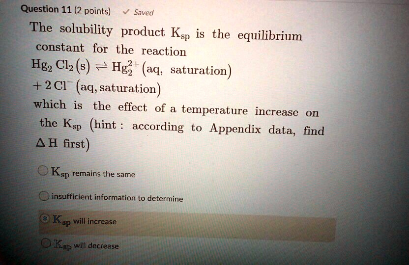 SOLVED The solubility product Ksp is the equilibrium constant for the