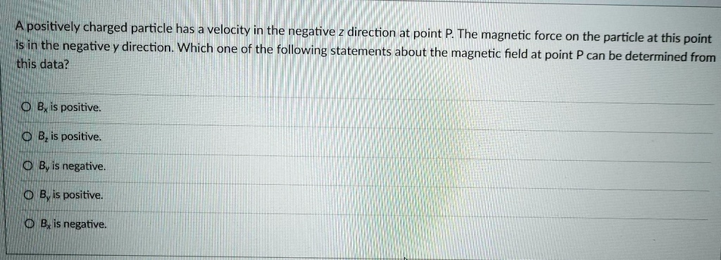 SOLVED: A positively charged particle has velocity in the negative ...