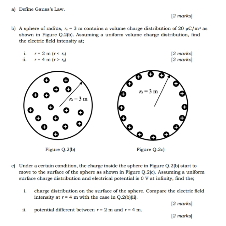 SOLVED: a) Define Gauss's Law. [2 marks] b) A sphere of radius, rs=3 m ...