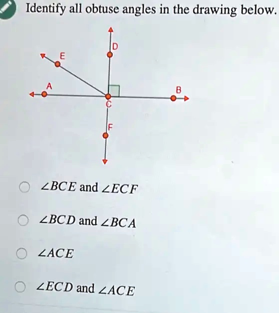 SOLVED: Identify All Obtuse Angles In The Drawing Below: ZBCE And ZECF ...