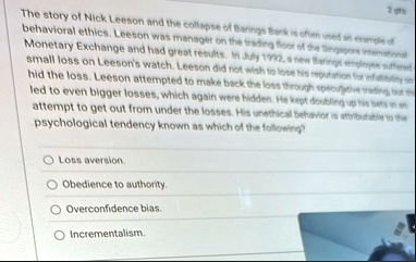 the story of nick leeson and the collapse of barings bask is offen used an everyle at 2 behavioral ethics leeson was manager on the trading foor of the singmore intermetred small loss on lee 23458