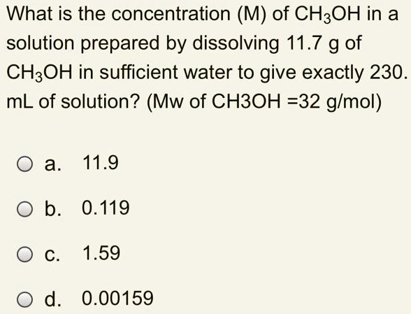 what is the concentration m of ch3oh in a solution prepared by