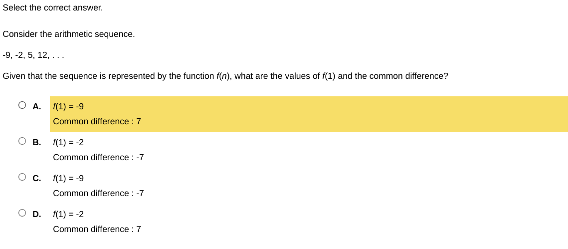 select the correct answer consider the arithmetic sequence 9 2512 ldots ...