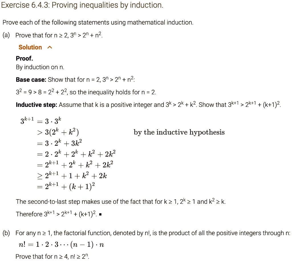 Solved Exercise 6 4 3 Proving Inequalities By Induction Prove Each Of The Following Statements Using Mathematical Induction A Prove That For N 2 2 3n 2n N2 Solution Proof By Induction On N