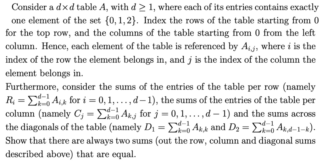 Consider a d × d table A, with d ? 1, where each of its entries contains exactly one element of the set 0, 1, 2. Index the rows of the table starting from 0 for the top row, and the columns of the table starting from 0 from the left column. Hence, each element of the table is referenced by Ai,j, where i is the index of the row the element belongs in, and j is the index of the column the element belongs in.
Furthermore, consider the sums of the entries of the table per row (namely Ri = ?k=0^d-1 Ai,k for i = 0, 1, ..., d - 1), the sums of the entries of the table per column (namely Cj = ?k=0^d-1 Ak,j for j = 0, 1, ..., d - 1) and the sums across the diagonals of the table (namely D1 = ?k=0^d-1 Ak,k and D2 = ?k=0^d-1 Ak,d-1-k).
Show that there are always two sums (out the row, column and diagonal sums described above) that are equal.