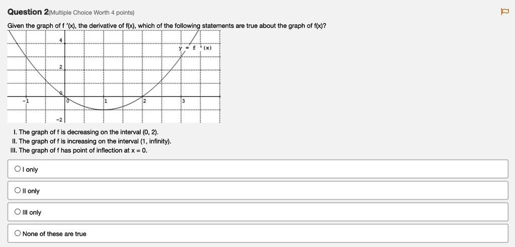 Given the graph of f '(x), the derivative of f(x), which of the following statements are true about the graph of f(x)?

I. The graph of f is decreasing on the interval (0, 2).
II. The graph of f is increasing on the interval (1, infinity).
III. The graph of f has point of inflection at x = 0.

I only
II only
III only
None of these are true