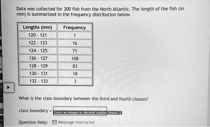 Data was collected for 300 fish from the North Atlantic. The length of the fish (in mm) is summarized in the frequency distribution below.

Lengths (mm) | Frequency
120 - 121 | 1
122 - 123 | 16
124 - 125 | 71
126 - 127 | 108
128 - 129 | 83
130 - 131 | 18
132 - 133 | 3

What is the class boundary between the third and fourth classes?

class boundary = 

Question Help: Message instructor
