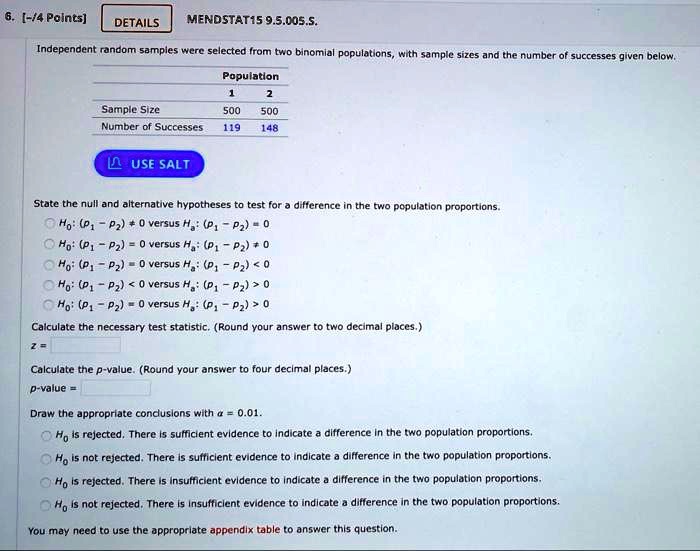 6. [-/4 Points] DETAILS MENDSTAT15 9.5.005.S. Independent...