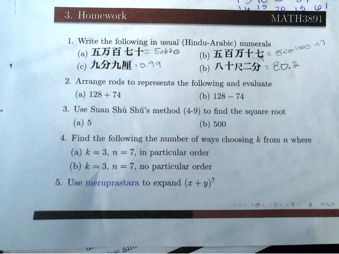 Solved Math31 Homework Write The Following In Usual Hindu Arabic Numerals A Ifee Eentt Jus Julyi 0 99 B Rp 80 2 Arrange Rods To Represents The Following And Evaluate