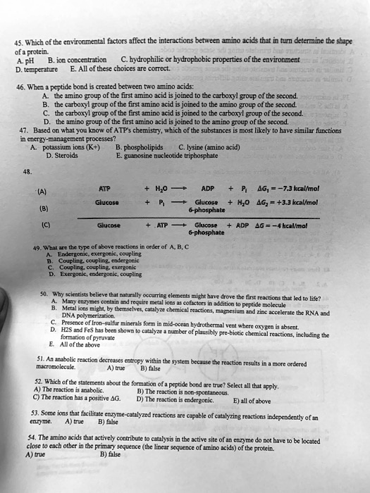 45. Which of the environmental factors affect the interactions between amino acids that in turn determine the shape
of a protein.
A. pH B. ion concentration C. hydrophilic or hydrophobic properties of the environment
D. temperature E. All of these choices are correct.

46. When a peptide bond is created between two amino acids:
A. the amino group of the first amino acid is joined to the carboxyl group of the second.
B. the carboxyl group of the first amino acid is joined to the amino group of the second.
C. the carboxyl group of the first amino acid is joined to the carboxyl group of the second.
D. the amino group of the first amino acid is joined to the amino group of the second.
47. Based on what you know of ATP's chemistry, which of the substances is most likely to have similar functions
in energy-management processes?
A. potassium ions (K+) B. phospholipids C. lysine (amino acid)
D. Steroids E. guanosine nucleotide triphosphate

48.
(A) ATP + H2O ? ADP + Pi ?G1 = -7.3 kcal/mol
(B) Glucose + Pi ? Glucose 6-phosphate + H2O ?G2 = +3.3 kcal/mol
(C) Glucose + ATP ? Glucose 6-phosphate + ADP ?G = -4 kcal/mol

49. What are the type of above reactions in order of A, B, C
A. Endergonic, exergonic, coupling
B. Coupling, coupling, endergonic
C. Coupling, coupling, exergonic
D. Exergonic, endergonic, coupling

50. Why scientists believe that naturally occurring elements might have drove the first reactions that led to life?
A. Many enzymes contain and require metal ions as cofactors in addition to peptide molecule
B. Metal ions might, by themselves, catalyze chemical reactions, magnesium and zinc accelerate the RNA and
DNA polymerization.
C. Presence of Iron-sulfur minerals form in mid-ocean hydrothermal vent where oxygen is absent.
D. H2S and FeS has been shown to catalyze a number of plausibly pre-biotic chemical reactions, including the
formation of pyruvate
E. All of the above

51. An anabolic reaction decreases entropy within the system because the reaction results in a more ordered
macromolecule. A) true B) false

52. Which of the statements about the formation of a peptide bond are true? Select all that apply.
A) The reaction is anabolic. B) The reaction is non-spontaneous.
C) The reaction has a positive ?G. D) The reaction is endergonic. E) all of the above

53. Some ions that facilitate enzyme-catalyzed reactions are capable of catalyzing reactions independently of an
enzyme. A) true B) false

54. The amino acids that actively contribute to catalysis in the active site of an enzyme do not have to be located
close to each other in the primary sequence (the linear sequence of amino acids) of the protein.
A) true B) false