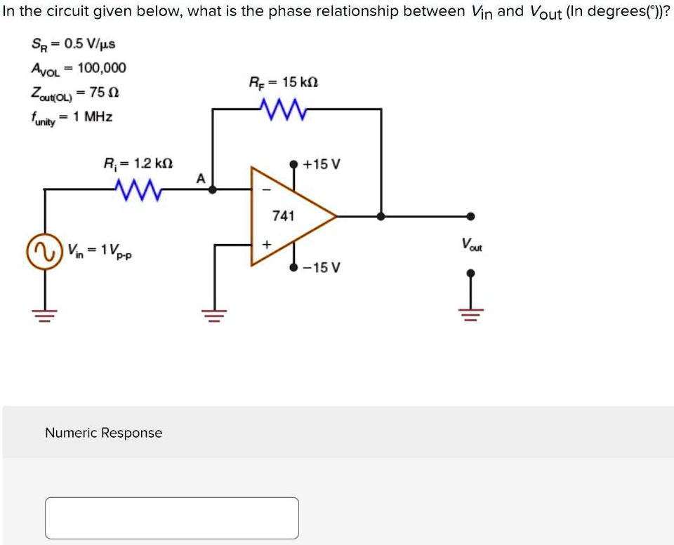 SR = 0.5 V/s
AVOL = 100,000
Zout(OL) = 75 ??
Rfunity = 1 MHz
Rf = 15 k??
Ri = 1.2 k??
A
+15 V
741
Vin = 1 Vp-p
-15 V
Vout