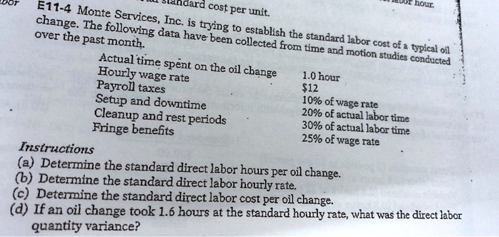 Standard cost per unit. Bof hour. E11-4 Monte Services, Inc. is trying ...