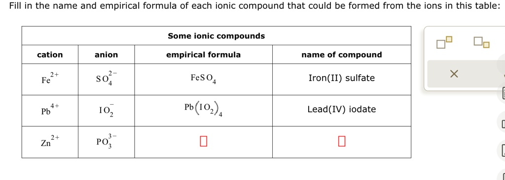 SOLVED: Pb4+ and IO-2 Fill in the name and empirical formula of each ...