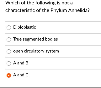 Which of the following is not a characteristic of the Phylum Annelida?
Diploblastic
True segmented bodies
open circulatory system
A and B
A and C