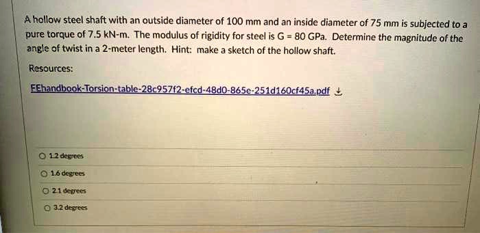 SOLVED: A hollow steel shaft with an outside diameter of 100 mm and an ...