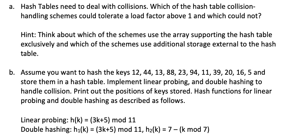 SOLVED: a. Hash Tables need to deal with collisions. Which of the hash ...