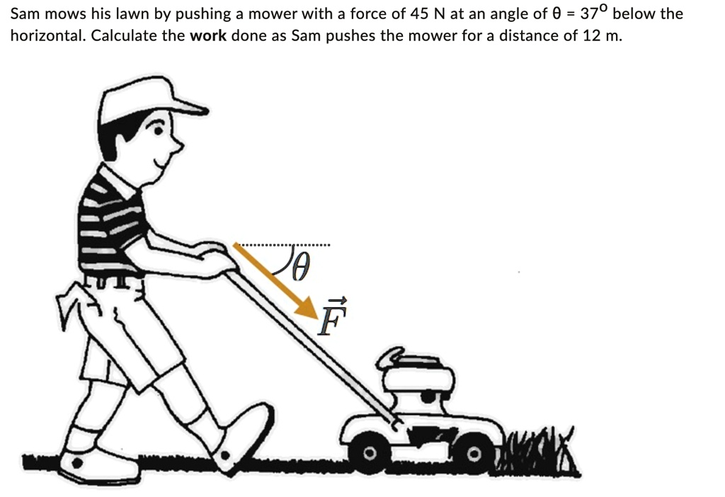 SOLVED: Sam mows his lawn by pushing a mower with a force of 45 N at an ...