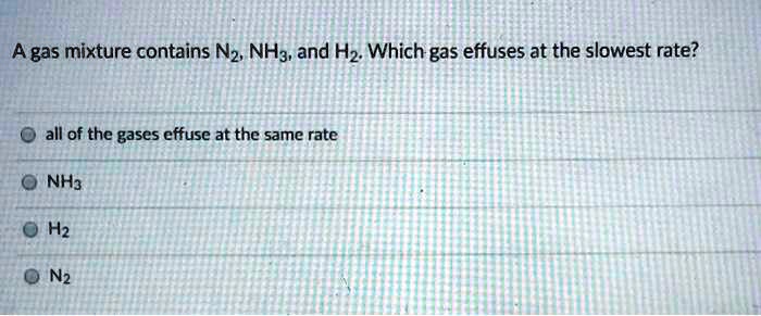 Solved:a Gas Mixture Contains Nz, Nh3, And Hz: Which Gas Effuses At The  Slowest Rate? All Of The Gases Effuse At The Same Rate Nh3 Hz Nz Solved:a Gas Mixture Contains Nz, Nh3, And Hz: Which Gas Effuses At The  Slowest Rate? All Of The Gases Effuse At The Same Rate Nh3 Hz Nz