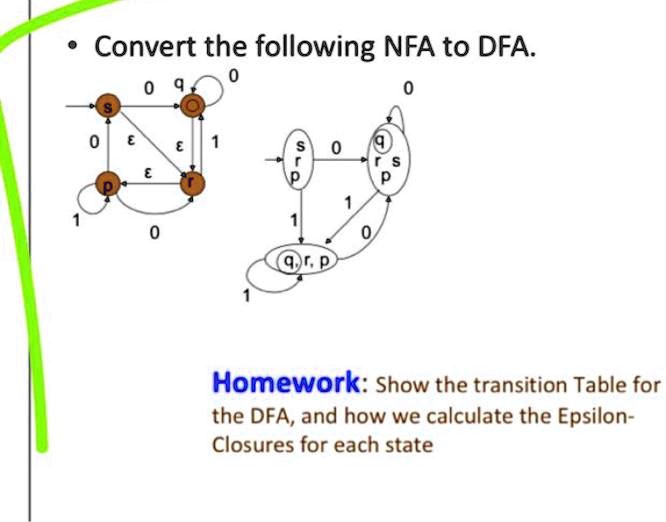 Text: Show the transition table for the DFA, and how we calculate the ...