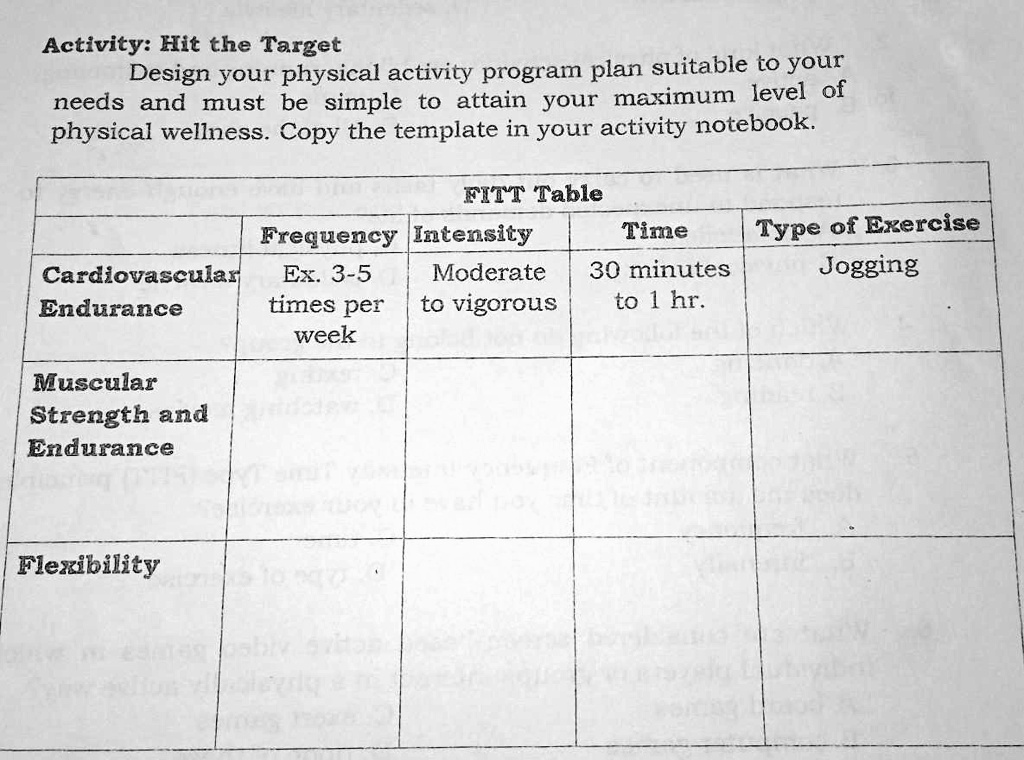 Activity: Hit the Target Design your physical activity program plan ...