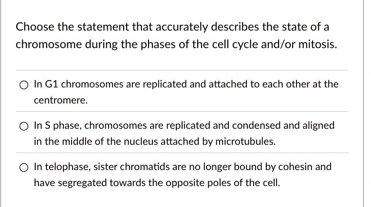 Choose the statement that accurately describes the state of a
chromosome during the phases of the cell cycle and/or mitosis.
In G1 chromosomes are replicated and attached to each other at the
centromere.
In S phase, chromosomes are replicated and condensed and aligned
in the middle of the nucleus attached by microtubules.
In telophase, sister chromatids are no longer bound by cohesin and
have segregated towards the opposite poles of the cell.