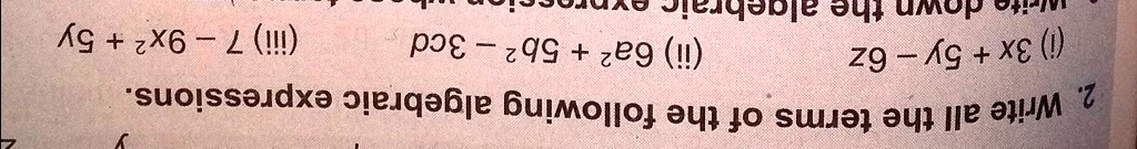 2. Write all the terms of the following algebraic expressions.
(i) 3x + 5y - 6z
(ii) 6a^2 + 5b^2 - 3cd
(iii) 7 - 9x^2 + 5y