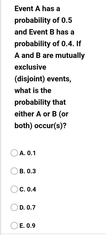 Event A has a probability of 0.5 and Event B has a probability of 0.4. If A and B are mutually exclusive (disjoint) events, what is the probability that either A or B (or both) occur(s)?
A. 0.1
B. 0.3
C. 0.4
D. 0.7
E. 0.9