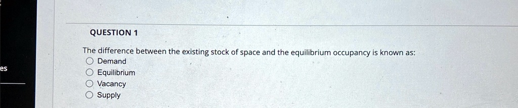 QUESTION 1
The difference between the existing stock of space and the equilibrium occupancy is known as:
Demand
Equilibrium
Vacancy
Supply