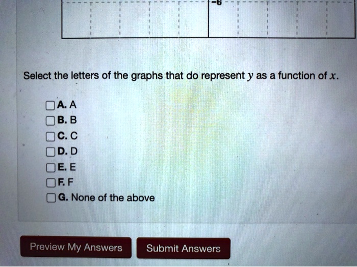 Select the letters of the graphs that do represent y as a function of x.

A. A
B. B
C. C
D. D
E. E
F. F
G. None of the above