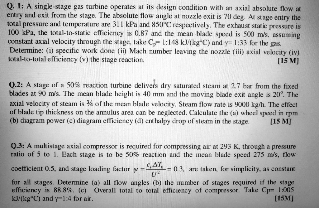 q1 a single stage gas turbine operates at its design condition with an ...