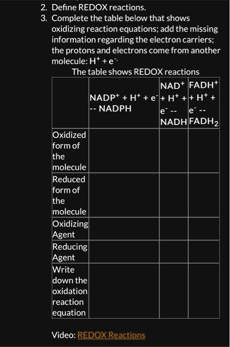 SOLVED: 2. Define REDOX reactions 3. Complete the table below that ...