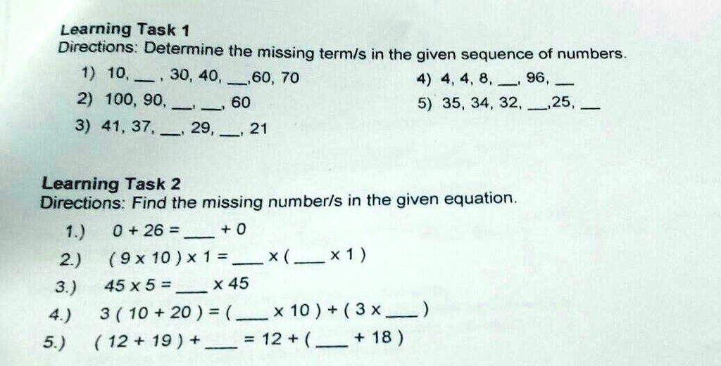 SOLVED: Learning Task 1 Directions: Determine The Missing Term/s In The ...