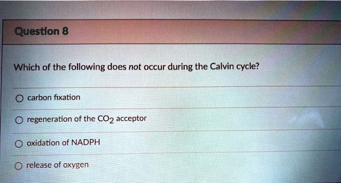 Which of the following does not occur during the Calvin cycle?
carbon fixation
regeneration of the CO2 acceptor
oxidation of NADPH
release of oxygen