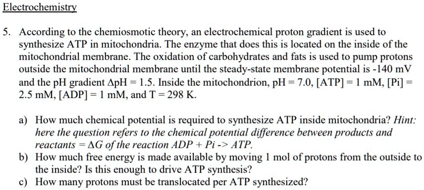 SOLVED: Electrochemistry 5. According to the chemiosmotic theory; an ...