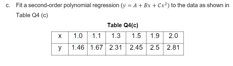c. Fit a second-order polynomial regression (y = A + Bx + Cx^2) to the data as shown in Table Q4 (c)

Table Q4(c)
x | 1.0 | 1.1 | 1.3 | 1.5 | 1.9 | 2.0
y | 1.46 | 1.67 | 2.31 | 2.45 | 2.5 | 2.81