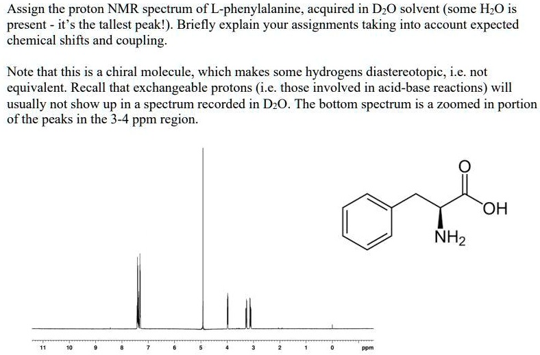 assign the proton nmr spectrum of l phenylalanine acquired in dzo solvent some hzo is present it s the tallest peak briefly explain your assignments taking into account expected chemical shi 85186