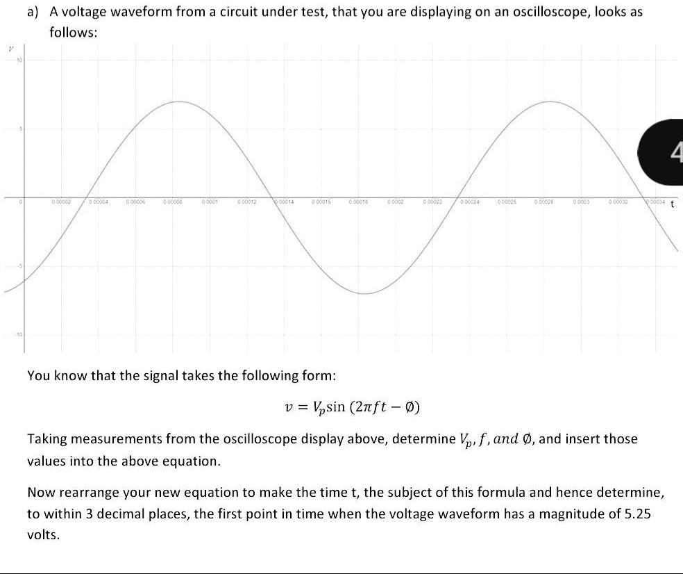 a) A voltage waveform from a circuit under test, that you are displaying on an oscilloscope, looks as
follows:
You know that the signal takes the following form:
v = Vp sin(2πft - ϕ)
Taking measurements from the oscilloscope display above, determine Vp, f, and ϕ, and insert those
values into the above equation.
Now rearrange your new equation to make the time t, the subject of this formula and hence determine,
to within 3 decimal places, the first point in time when the voltage waveform has a magnitude of 5.25
volts.