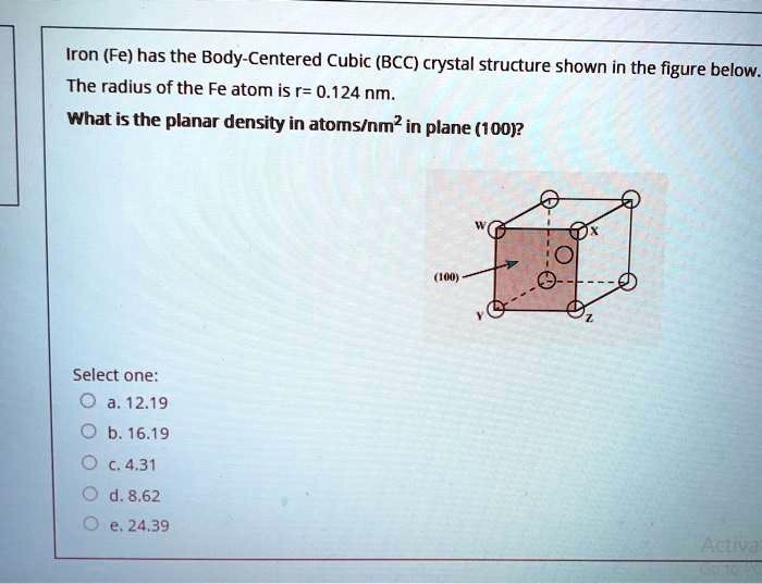 SOLVED: Iron (Fe) has the Body-Centered Cubic (BCC) crystal structure