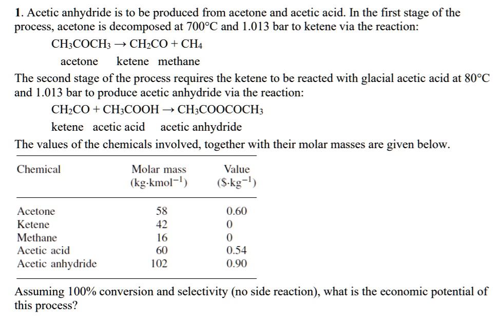 1 Acetic Anhydride Is To Be Produced From Acetone And Acetic Acid In