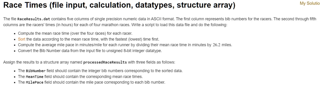 SOLVED: Race Times (file input, calculation, data types, structure