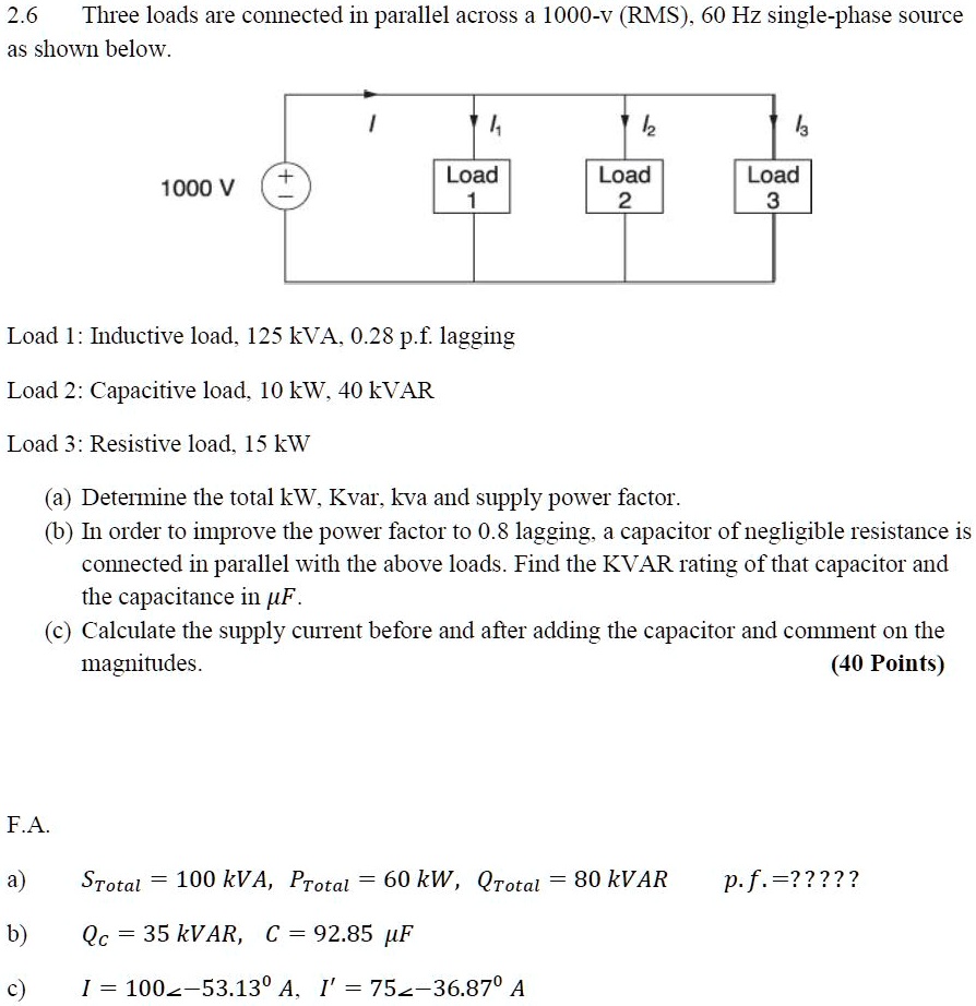 SOLVED: Three Loads Are Connected In Parallel Across A 1000 V (RMS), 60 ...