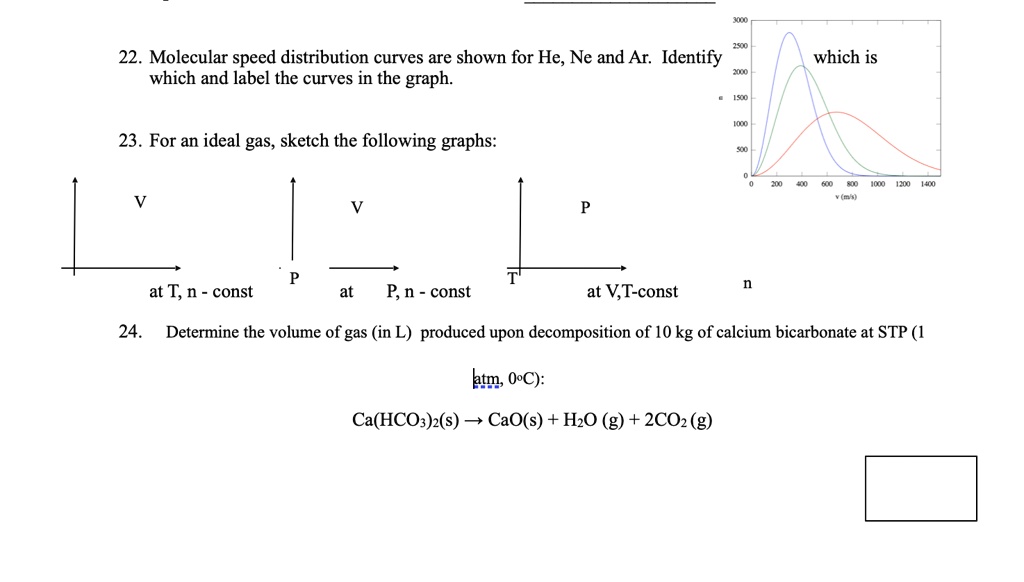 22. Molecular speed distribution curves are shown for He, Ne and Ar. Identify
which and label the curves in the graph.
23. For an ideal gas, sketch the following graphs:
V
V
P
P
T
at T, n - const
at P, n - const
at V,T-const
n
24. Determine the volume of gas (in L) produced upon decomposition of 10 kg of calcium bicarbonate at STP (1
atm, 0°C):
Ca(HCO3)2(S) ? CaO(s) + H2O (g) + 2CO2 (g)