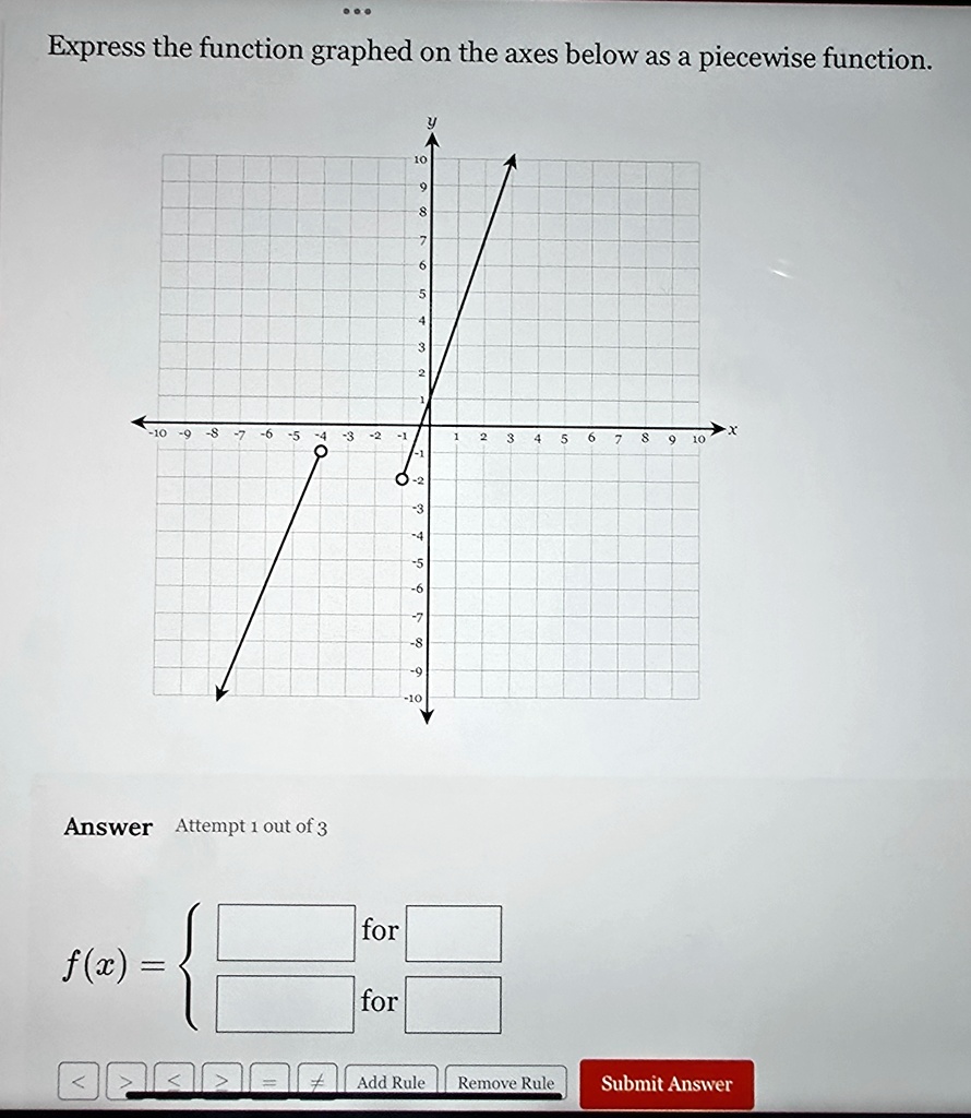 express the function graphed on the axes below as a piecewise function answer attempt 1 out of 3 fx begincases boxedphantomfx textfor boxedphantomfx boxedphantomfx textfor boxedphantomfx end 49832