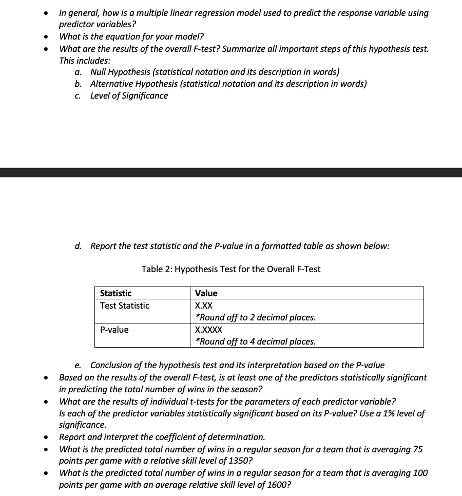 general how is a multiple linear regression model used to predict the response variable using predictor variables what is the equation for your model what are the results of the overall f te 12272