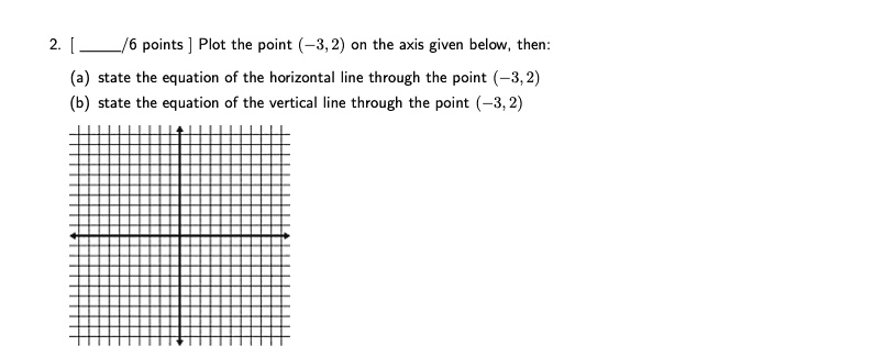 2.  /6 points] Plot the point (-3, 2) on the axis given below, then:
(a) state the equation of the horizontal line through the point (-3, 2)
(b) state the equation of the vertical line through the point (-3, 2)