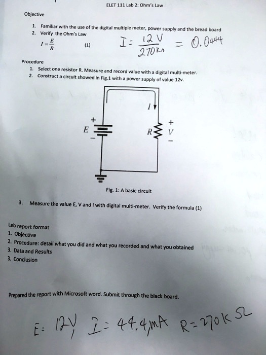 Objective Elet 111 Lab 2 Ohm S Law 1 Familiar With The Use Of The